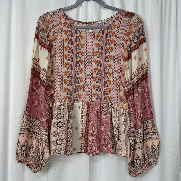 American Eagle Outfitters Tops - American Eagle Outfitters Embroidered Tassel Ballon Sleeve Top Size Large